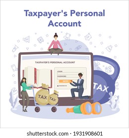 Tax inspector online service or platform. Idea of accounting and payment consultation. Financial bill audit. Online tax payer account. Flat vector illustration