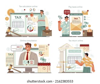 Tax inspector online service or platform set. Idea of accounting and payment consultation. Financial bill audit. Online calculation, consultation, tax return and payment. Flat vector illustration