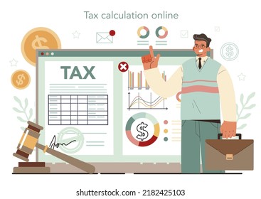 Tax inspector online service or platform. Idea of accounting and payment consultation. Financial bill audit. Online tax calculation. Flat vector illustration