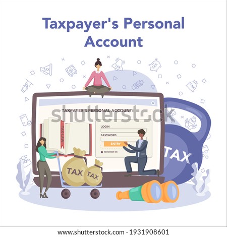 Tax inspector online service or platform. Idea of accounting and payment consultation. Financial bill audit. Online tax payer account. Flat vector illustration