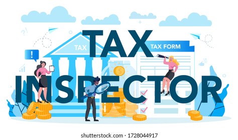 Tax inspector typographic header concept. Idea of accounting and payment. Financial bill, financial legislation compliance monitoring. Data in the document and paperwork. Flat vector illustration