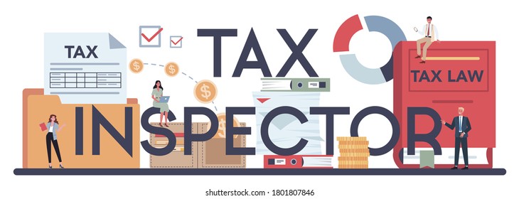 Tax inspector typographic header. Idea of tax reporting and control. Financial bill, financial legislation compliance monitoring. Data in the document and paperwork. Flat vector illustration