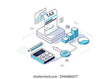 Factura de impuestos con infografía de negocios y calculadora. Concepto de control de actividad financiera Ilustración vectorial de línea isométrica. Pagos regulares de los artículos de dibujos animados de la ganancia comercial