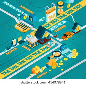  Tax isometric concept with tax calculation and payment symbols vector illustration 