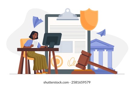 Tax law authority. Woman with computer near judges gavel and courthouse. Legal protection for creditors. Judgment and justice. Punishment and penalty. Flat vector illustration