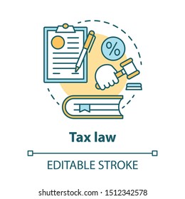 Tax Law Concept Icon. Revenue Rule Idea Thin Line Illustration. Financial Verdict. Taxation Legislation And Regulations. Taxpayer Punishment. Vector Isolated Outline Drawing. Editable Stroke