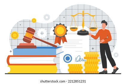 Tax Law Concept. Man Holds Scale And Judge Hammer Against Background Of Contract With Money. Jurisprudence And Legal Support Of Transaction. Notary Near Document. Cartoon Flat Vector Illustration