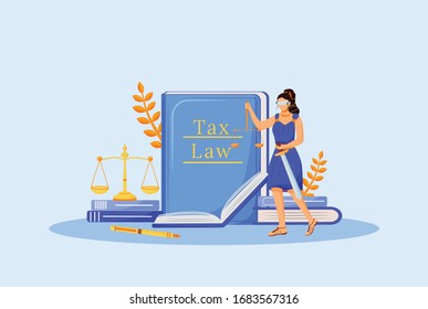 Tax law flat concept vector illustration. Themis 2D cartoon character for web design. Economic education, financial literacy. Taxation policy learning, legal obligation creative idea