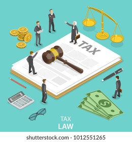 Tax law flat isometric vector concept. People surrounded by the tax and justice attributes are disputing on something.