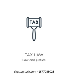 Tax law icon. Thin linear tax law outline icon isolated on white background from law and justice collection. Line vector sign, symbol for web and mobile
