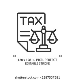 Tax law pixel perfect linear icon. Financial operations legal regulation. Taxation payment order control. Thin line illustration. Contour symbol. Vector outline drawing. Editable stroke