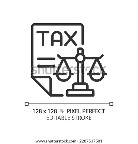 Tax law pixel perfect linear icon. Financial operations legal regulation. Taxation payment order control. Thin line illustration. Contour symbol. Vector outline drawing. Editable stroke