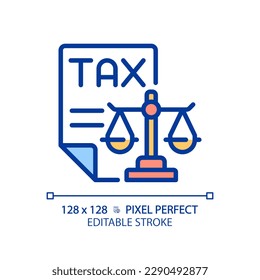 Tax law pixel perfect RGB color icon. Financial operations legal regulation. Taxation payment order control. Isolated vector illustration. Simple filled line drawing. Editable stroke