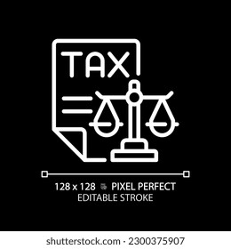 Tax law pixel perfect white linear icon for dark theme. Financial operations legal regulation. Taxation payment order control. Thin line illustration. Isolated symbol for night mode. Editable stroke