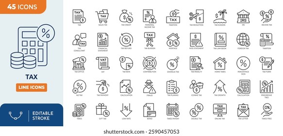 Tax line editable icon set. Containing tax refund, tax deduction, payment, tax accounting, calculator, taxpayer, VAT, taxation and more. Vector illustration
