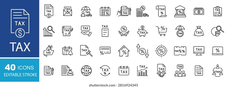 Tax line icon set featuring finance, accounting, percentage rates, filing documents. Editable stroke. Vector illustration