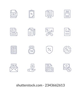 Tax line icon set on transparent background with editable stroke. Containing vat, taxes, tax, taxation, tax calculate, shield, pie chart, pay, investment.