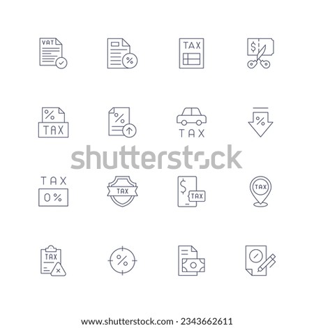 Tax line icon set on transparent background with editable stroke. Containing vat, taxes, tax, tax free, smartphone, placeholder, focus, payment, loan.