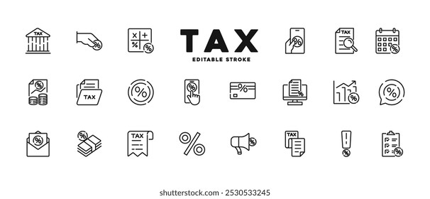 Tax line icons. Payment, report, fee, percent, Accounting, audit, financial report. vector icon Editable stroke.