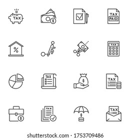 Tax line icons set, business and finance outline vector symbol collection, linear style pictogram pack. Signs logo illustration. Set includes icons - money savings, investment, loan, mortgage discount