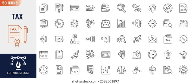 Tax line icons set. Editable stroke. Containing Payment, report, fee, percent and more. Vector illustration