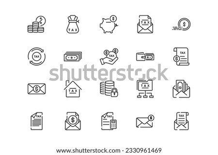 Tax lines icon set. Tax genres and attributes. Linear design. Lines with editable stroke. Isolated vector icons.