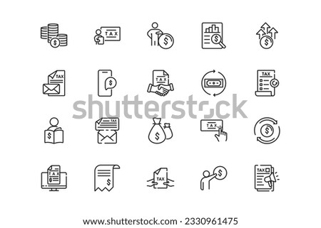Tax lines icon set. Tax genres and attributes. Linear design. Lines with editable stroke. Isolated vector icons.