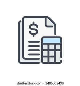 Tax, loan and debt calculation color line icon. Bill with dollar and calculator vector outline colorful sign.