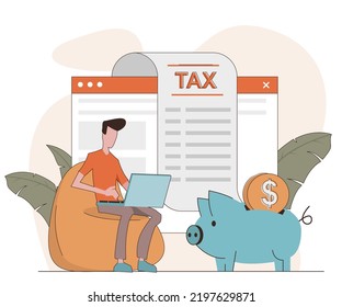 Tax. Man pays his taxes, next to receipts and piggy bank
