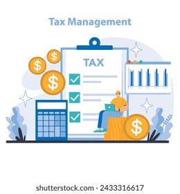 Tax Management concept. Fiscal strategies and financial planning for compliance and optimization. Economic analysis and budgeting. Flat vector illustration.