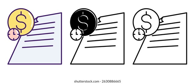 Tax Management icon represented by task paper, money, wall clock Line, Filled, Color style.