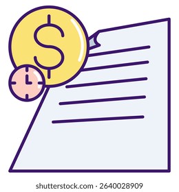 Tax Management icon represented by task paper, money, wall clock Lineal Color style.