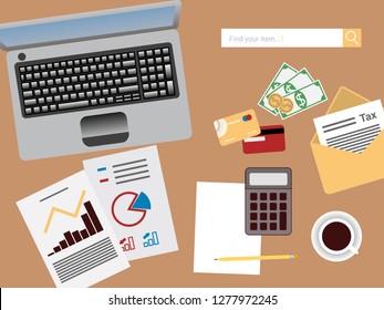 Tax miscalculation of documents payment day. Government, digital State taxes. Tax form on a clipboard, schedule, money, cash, credit card,, calculator, Compute. Vector illustration.