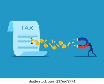 Tax money. Businessman uses magnet to suck money from tax bill