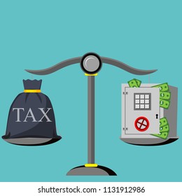 Tax money on the scales. Taxpayer. A huge bag of taxes on the scales. Business concept of a taxpayer in a flat style. Vector illustration.