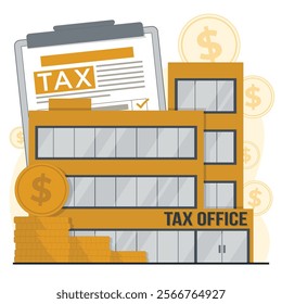 Tax office building with document and money. Flat style vector illustration.