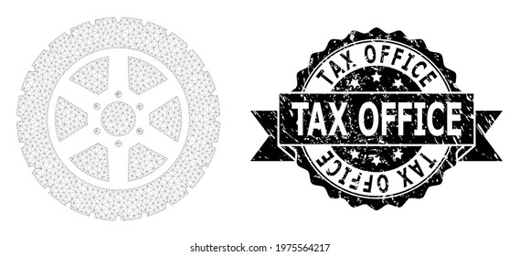 Tax Office rubber stamp seal and vector tire wheel mesh model. Black stamp seal has Tax Office caption inside ribbon and rosette. Abstract flat mesh tire wheel, built from triangles.