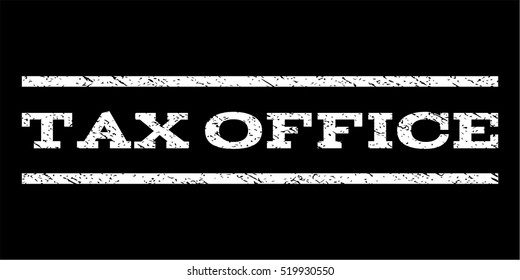 Tax Office watermark stamp. Text tag between horizontal parallel lines with grunge design style. Rubber seal stamp with unclean texture. Vector white color ink imprint on a black background.