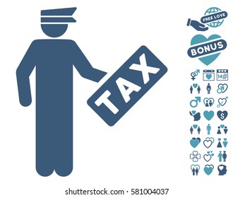 Tax Officer icon with bonus romantic images. Vector illustration style is flat iconic cyan and blue symbols on white background.