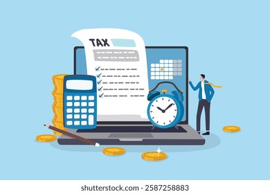 Tax online payment on computer laptop, income tax calculation deadline, refund or revenue paperwork, financial duty concept, businessman on tax calculation payment with calendar date computer laptop.