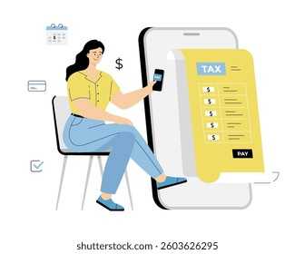 Tax online payment. Personal finance, financial management, tax preparation services. A woman filling a tax form via phone. Vector illustration on isolated white background.	
