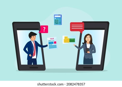 Concepto de vector en línea de impuestos: Joven preguntando por impuestos a una mujer de negocios mientras usa la aplicación de teléfono móvil 