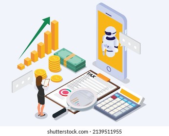 Tax online vector concept. Young woman consulting tax with robot on mobile phone while standing with growth finance chart