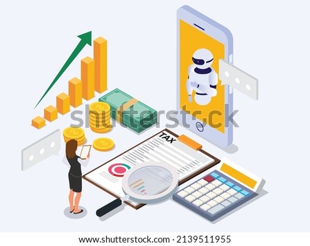 Tax online vector concept. Young woman consulting tax with robot on mobile phone while standing with growth finance chart