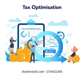Concepto de optimización fiscal. Impuesto especial de cobro al mínimo. Idea de contabilidad y pago. Factura financiera. Ilustración vectorial plana aislada