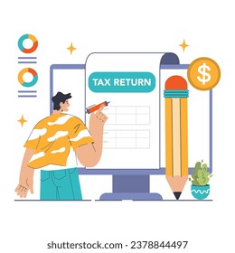 Optimización de impuestos. Eficiencia financiera, presupuestación y economía. Planificación de impuestos, preparación de declaraciones y cálculo. Ilustración vectorial plana