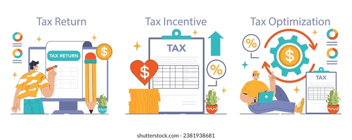 Optimización de impuestos. Eficiencia financiera, presupuestación y economía. Planificación de impuestos, preparación de declaraciones y cálculo. Ilustración vectorial plana