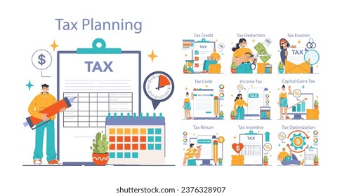 Tax optimization set. Financial efficiency, budgeting and economy idea. Taxes planning, declaration preparing and calculation. Flat vector illustration