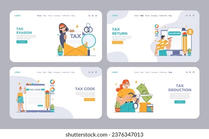 Tax optimization web banner or landing page set. Financial efficiency, budgeting and economy idea. Taxes planning, declaration preparing and calculation. Flat vector illustration