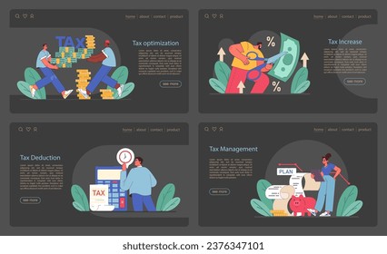Tax optimization web banner or landing page dark or night mode set. Financial efficiency, budgeting and economy idea. Taxes deduction and refund. Flat vector illustration